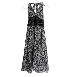 Vintage 100% Silk Black Floral Halter Dress Babydoll 6 Midi Fairy Grunge Y2K 90s